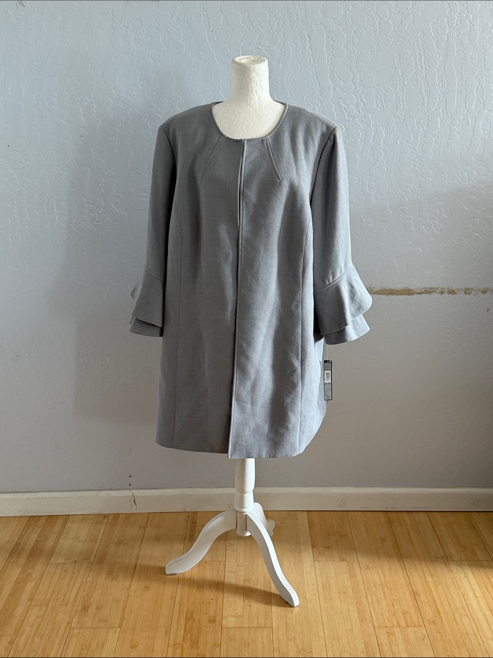 Tahari Light Gray Collarless Trench Coat with Layered Sleeves